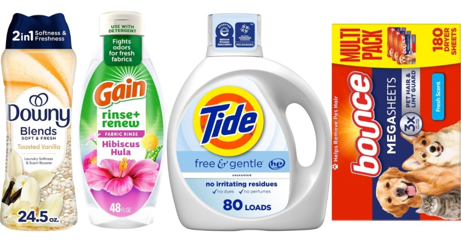 bottles of Downy Scent Booster Beads, Gain Laundry Rince, and Tide Detergent, and a box of Bounce dryer sheets