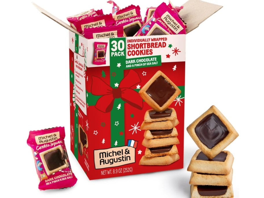 a box of Michel et Augustin Dark Chocolate & Sea Salt Short Bread Cookies with some on each side