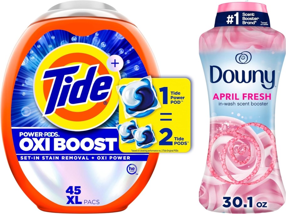 a container of Tide Pods and a bottle of Downy Scent Booster Beads