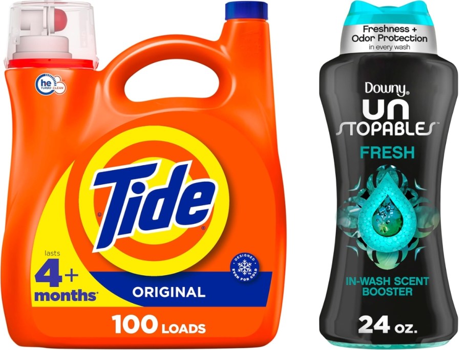 a large bottle of Tide liquid laundry detergent and a bottle of Downy Unstoppables scent booster beads