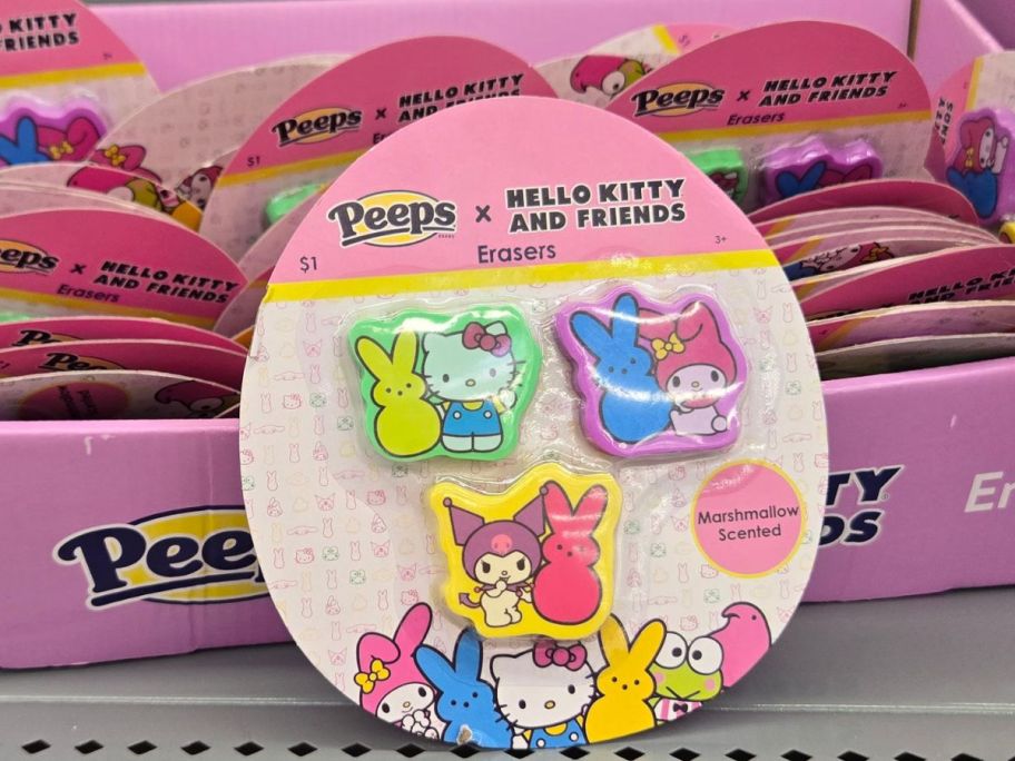 A package of Hello Kitty erasers on a shelf