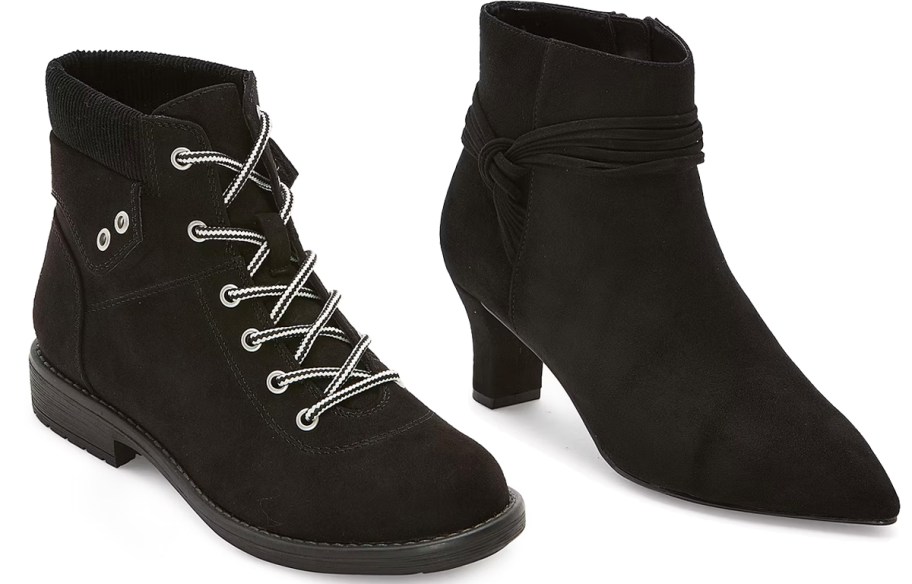 black hiking boot and black heeled ankle boot