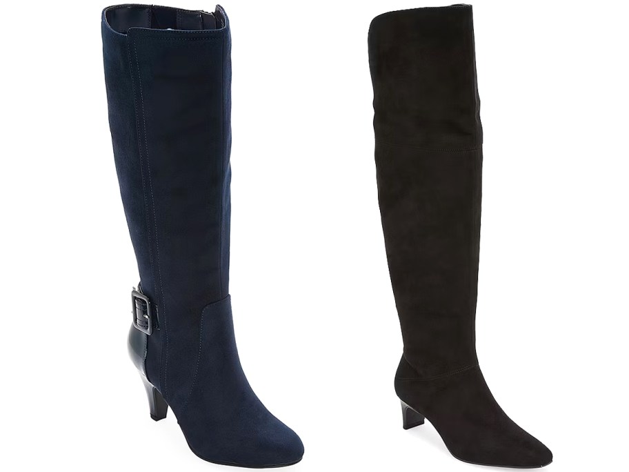 navy blue and black tall suede heeled boots