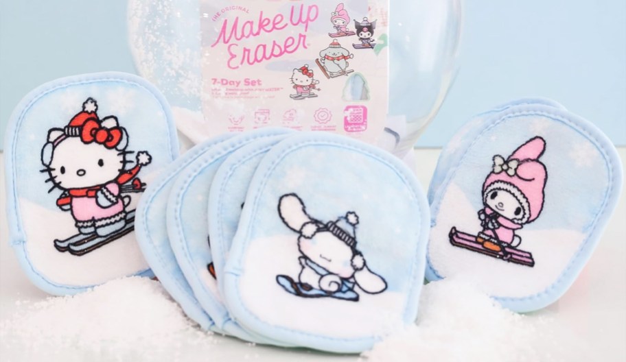 makeup eraser set with hello kitty and friends skiing printed on them