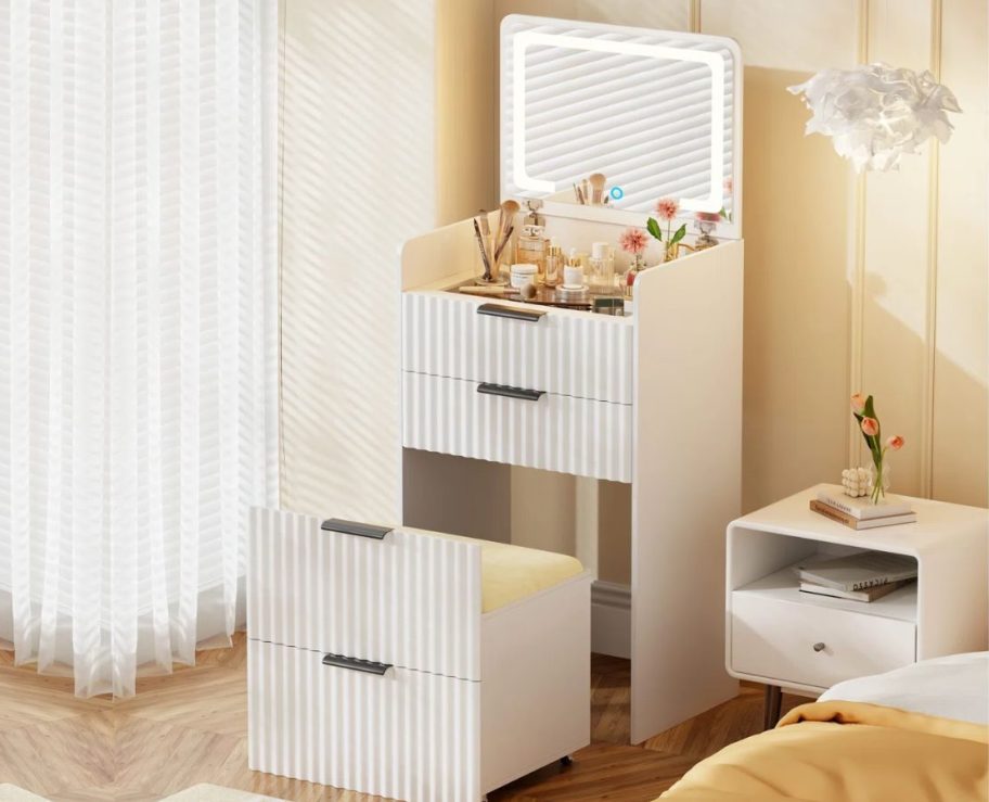 A Wrought Studio Compact Vanity Desk w/ Flip-up Led Mirror