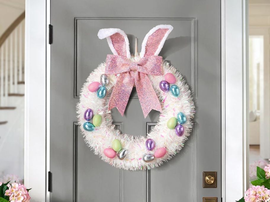 Member's Mark Tinsel bunny wreath on a door