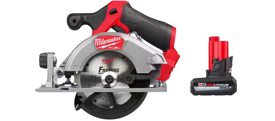 red and black circular saw and battery