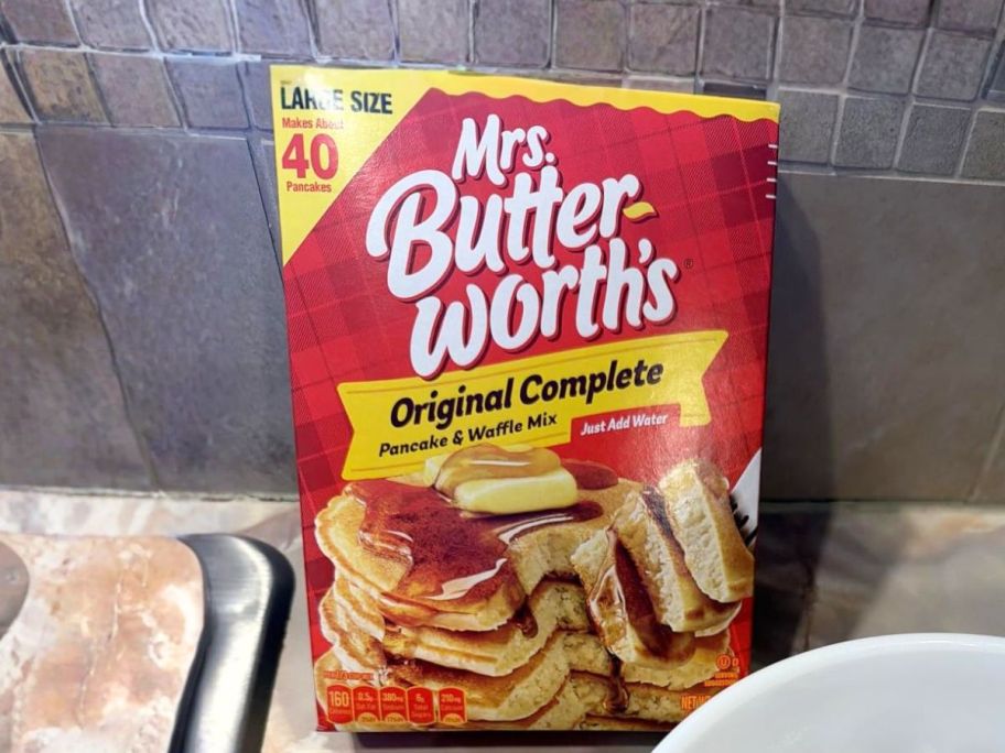 Mrs. Butterworth Original Pancake & Waffle Mix 32oz box on counter