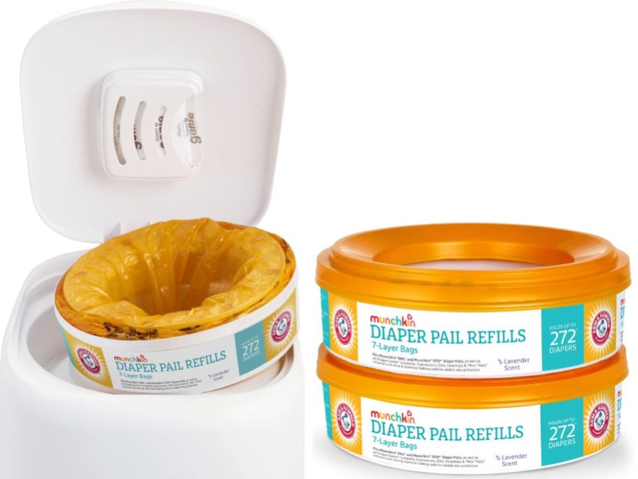 Stock images of Munchkin Arm & Hammer Diaper Pail Refill Rings 2-pack and a munchkin diaper pail