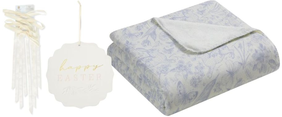 My Texas House Easter Blue Toile Bunny Throw, Ribbons, & Happy Easter Sign