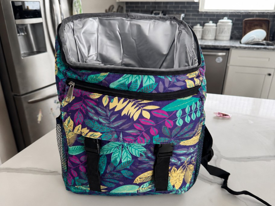 colorful leaf print cooler backpack on kitchen counter