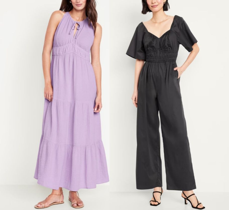 a woman in a maxi dress and a woman in a jumpsuit