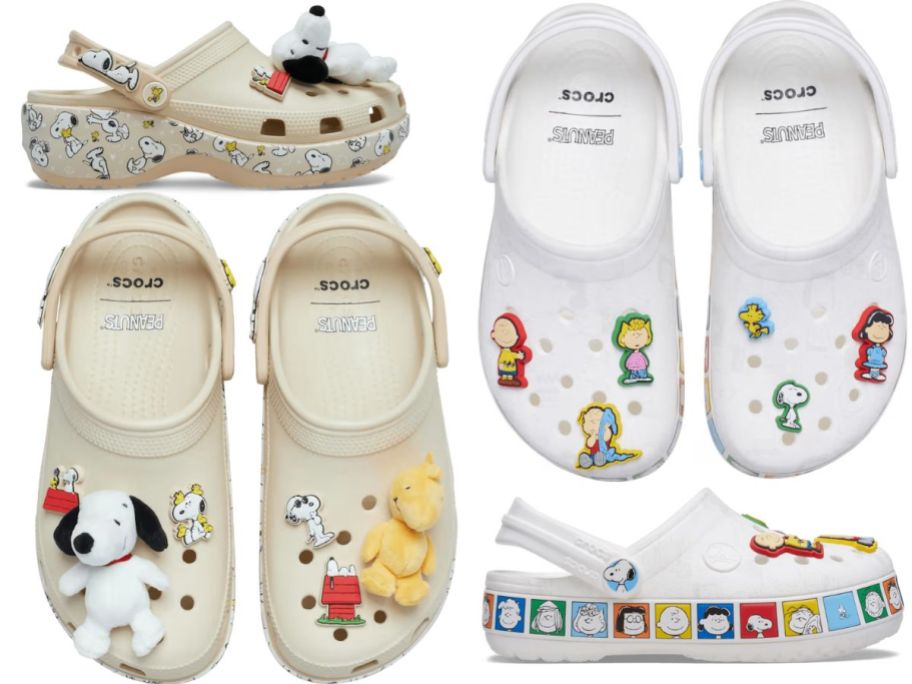 2 pairs of Crocs shoes with Peanuts cartoon characters on them