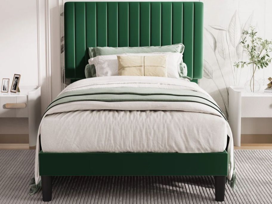 A dark green Willa Arlo Interiors Dunphy Upholstered Platform Bed
