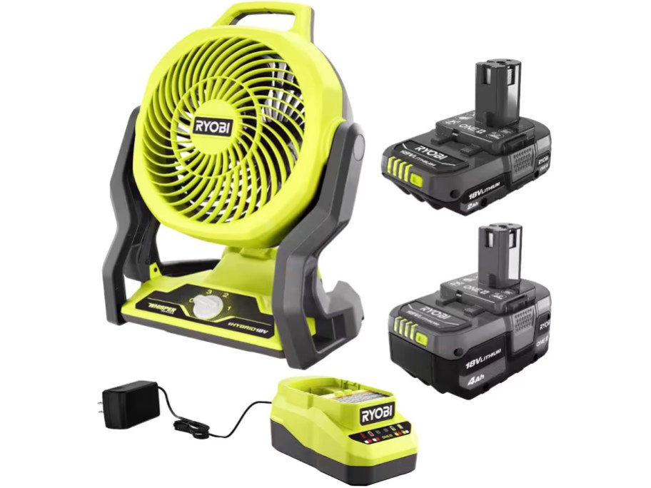 green and black fan, two batteries, and charger