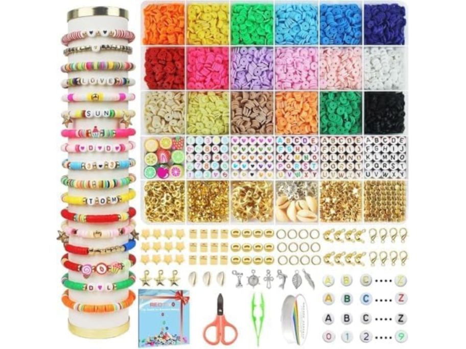 Bracelet making kits with various colors of beads, charms and accessories