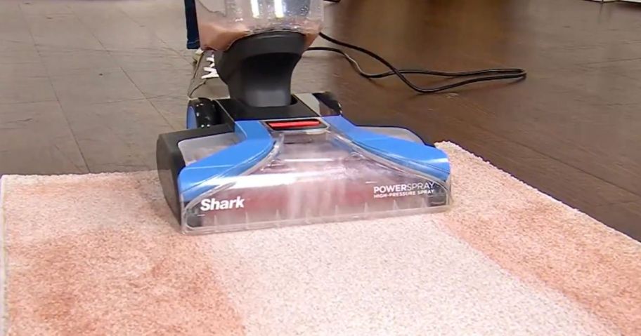A shark carpet cleaner cleaning a stained carpet