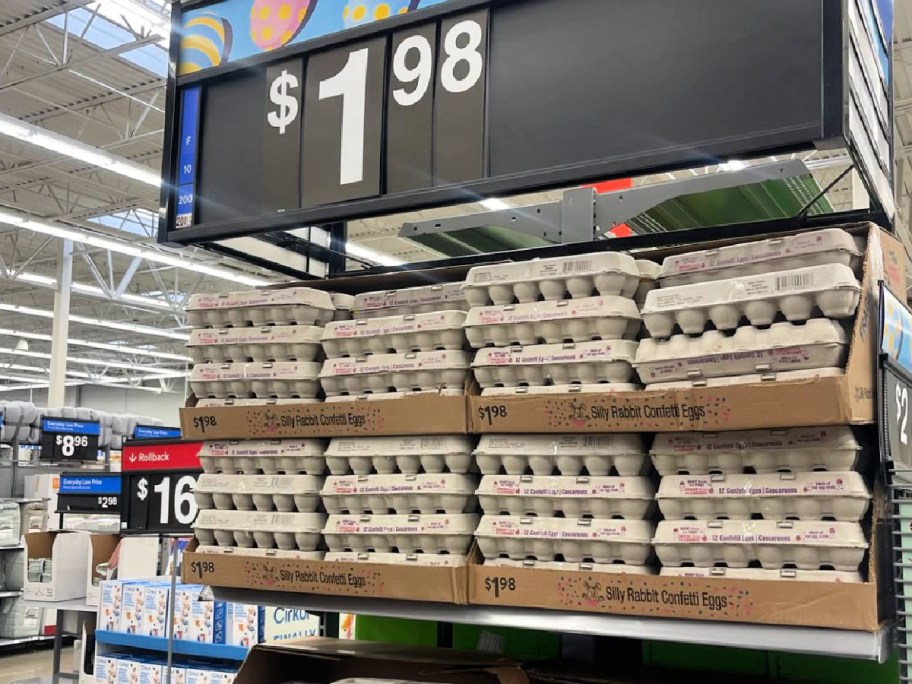 Walmart store display of silly rabbit Easter confetti eggs with $1.98 sign