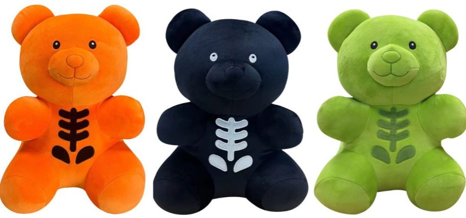 Three skeleton bears in different colors next to each other