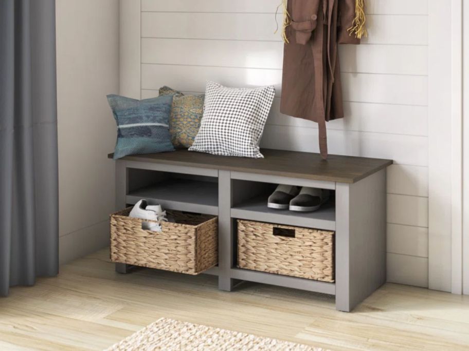 Andover Mills Jamil Upholstered Storage Bench w/ Baskets