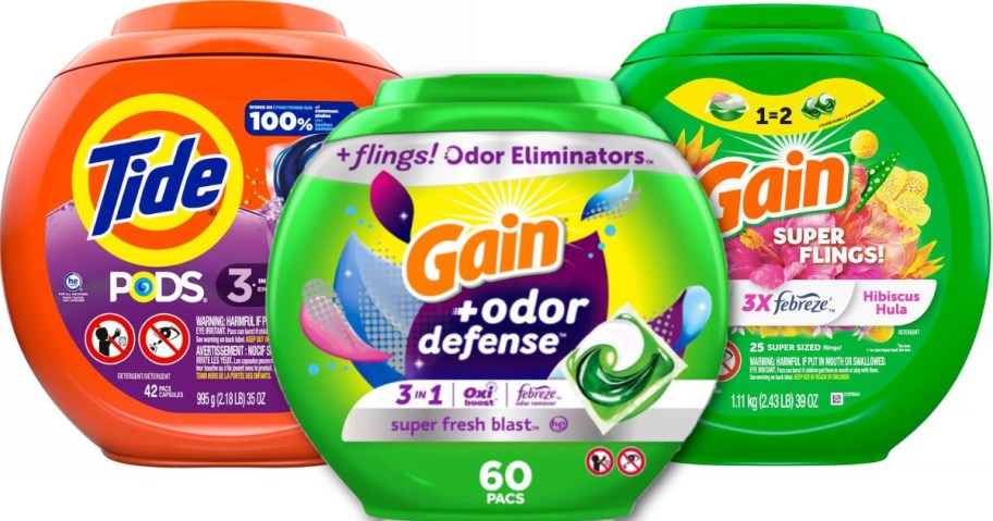 Stock images of two tubs of Gain Flings and a Tub of Tide Pods