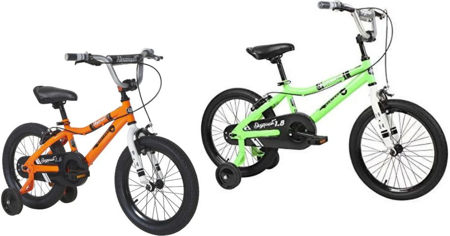 Stock images of two Dynacraft Duzy Customs Skycraft Kids Bikes in Orange and Green