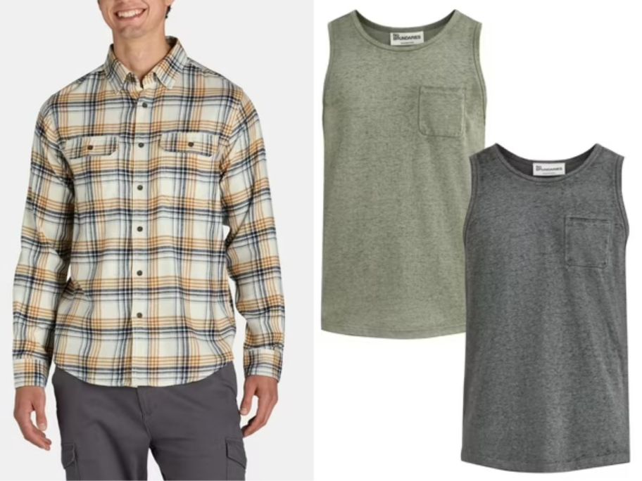 A man wearing a plaid shirt standing beside 2 tank tops