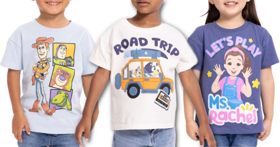 Stock images of 3 toddlers wearing character shirts