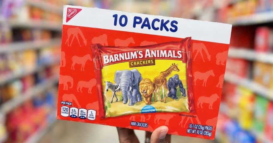 hand holding a box of Barnum's Animal Cracker Snack packs
