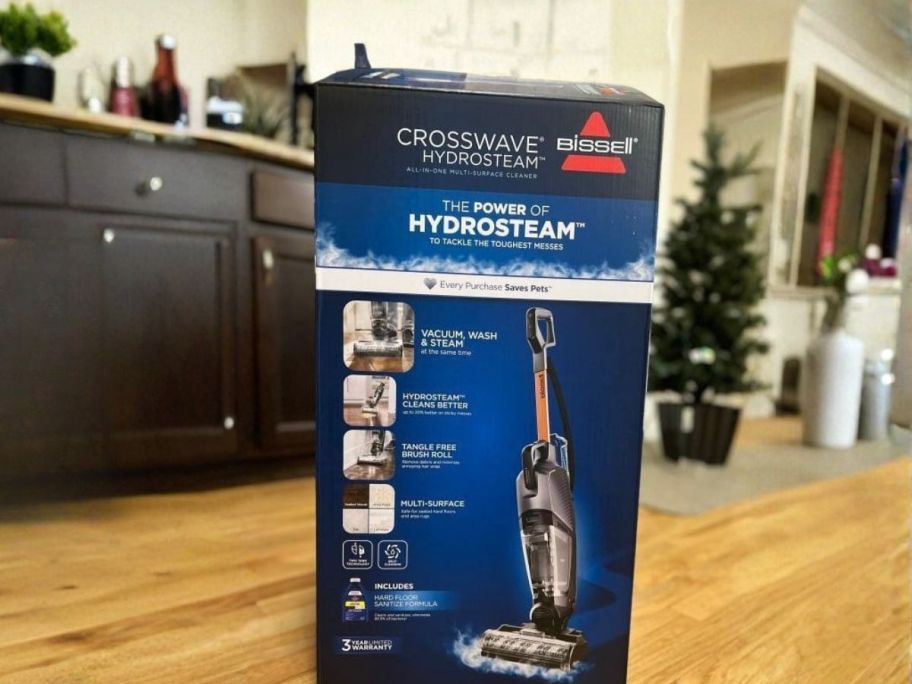 bissell Crosswave HydroSteam Plus Wet Dry Vac Exclusive Bundle box in kitchen