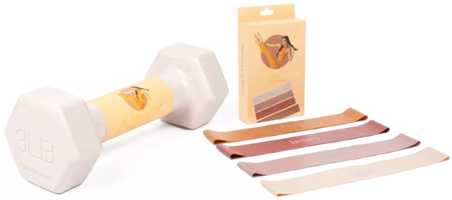 Blogilates dumbbell and bands.