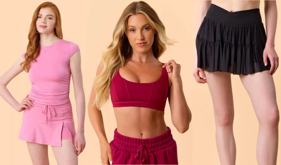 Three women wearing various Blogilates clothing.
