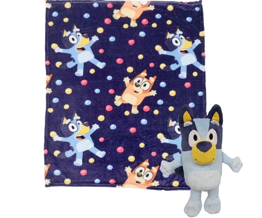 a bluey plush toy and a blanket