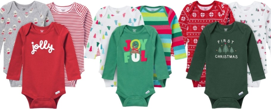 3 3-pack onesies in holiday prints and colors