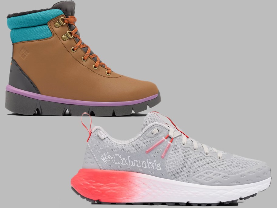 brown boot and gray sneaker