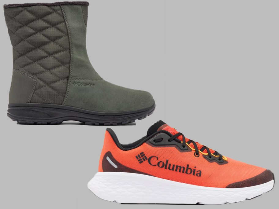 green mid top boot and orange sneakers