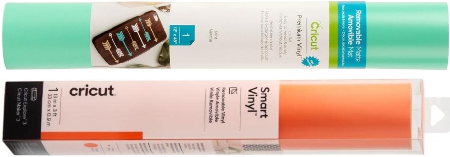 a roll of mint vinyl and a roll of orange vinyl from cricut