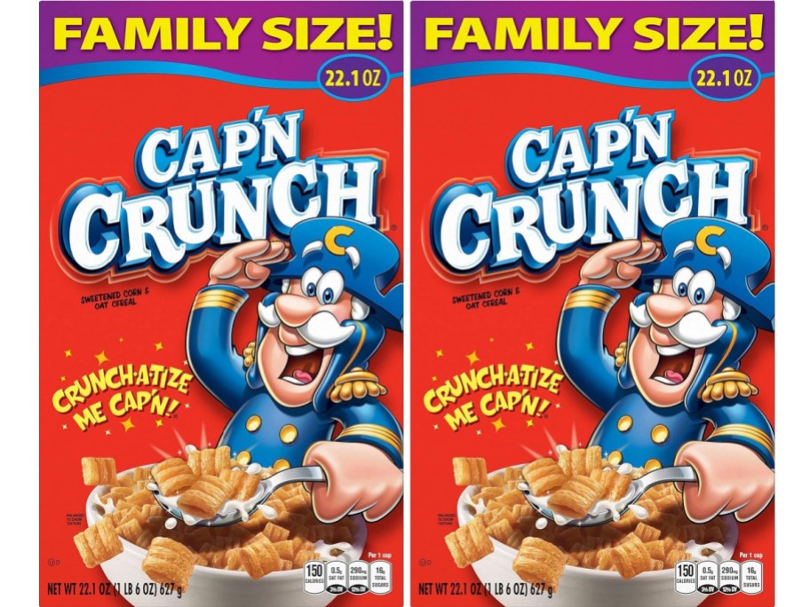 Two family size boxes of Cap'n Crunch cereal.