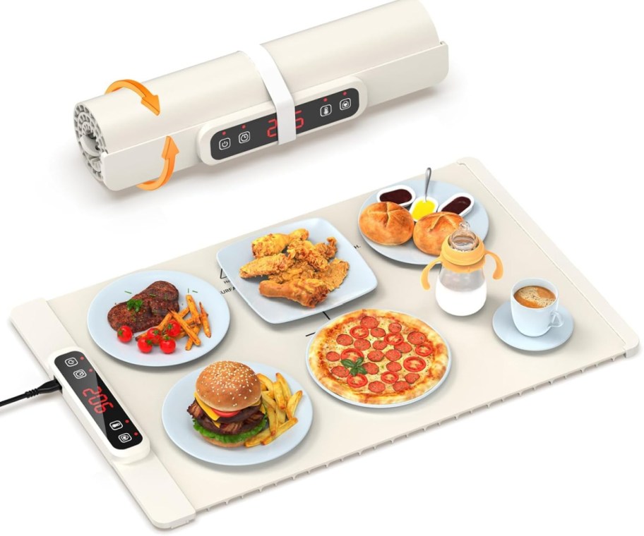 food warming mat with dishes on it and rolled up