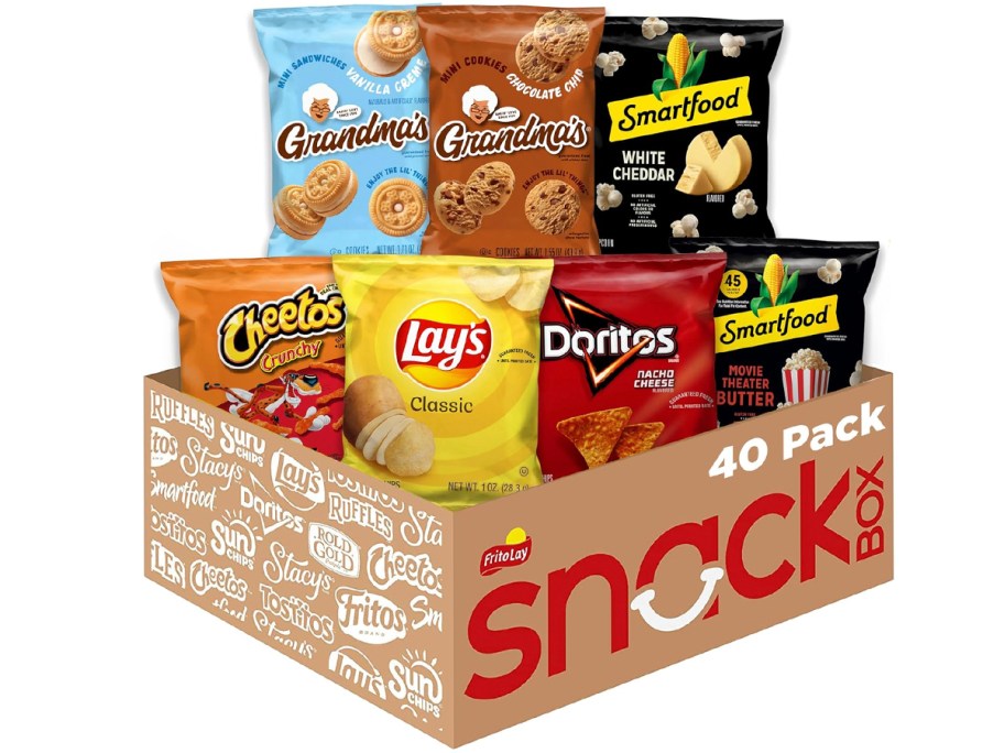 fritolay box with chips, cookies, and popcorn bags 