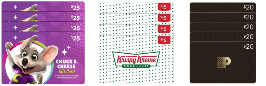 chuck e cheese, krispy kreme, and peet's coffee gift cards