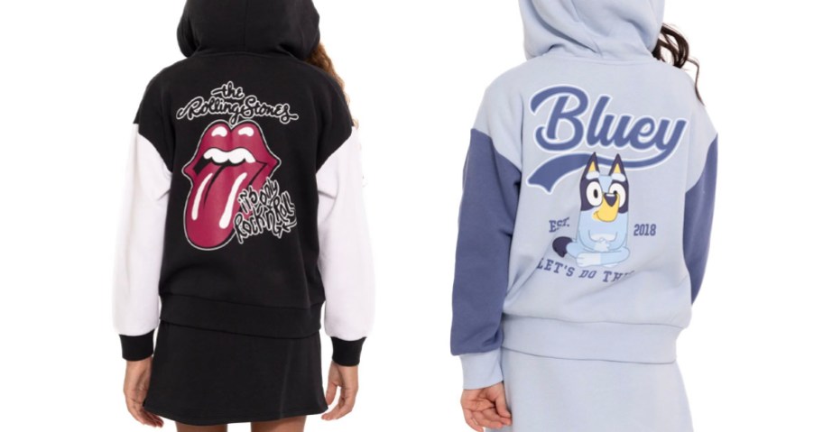 girls wearing rolling stone and bluey hoodies