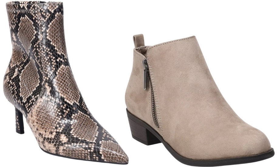 a python womens dress bootie and a faux suede ankle boot