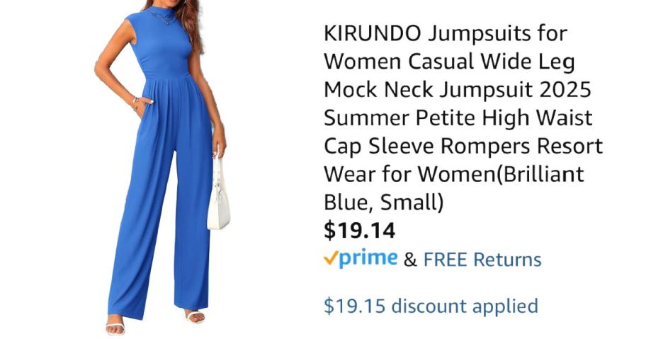 woman wearing blue jumpsuit next to Amazon pricing information