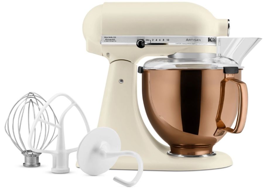 kitchenAid stand mixer with copper bowl and accessories