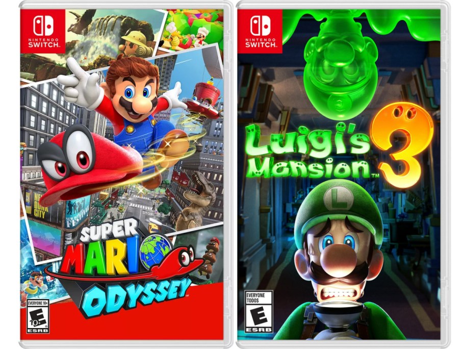 Nintendo Switch game covers for "Super Mario Odyssey" and "Luigi's Mansion 3." Mario is leaping with his hat in a vibrant city; Luigi looks scared in a spooky setting.