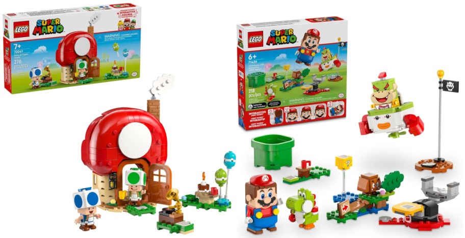 LEGO Super Mario sets featuring a red mushroom house, Toad, Mario, Yoshi, and Bowser Jr. displayed with colorful pieces and packaging.