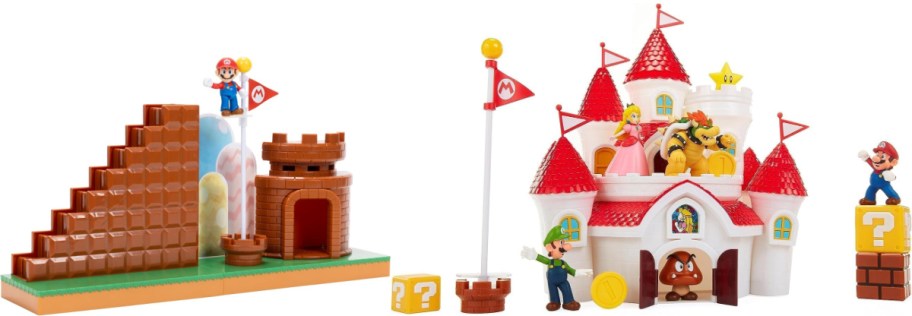 Two Mario playsets. One is the Super Mario course and one is the Kingdom Castle.