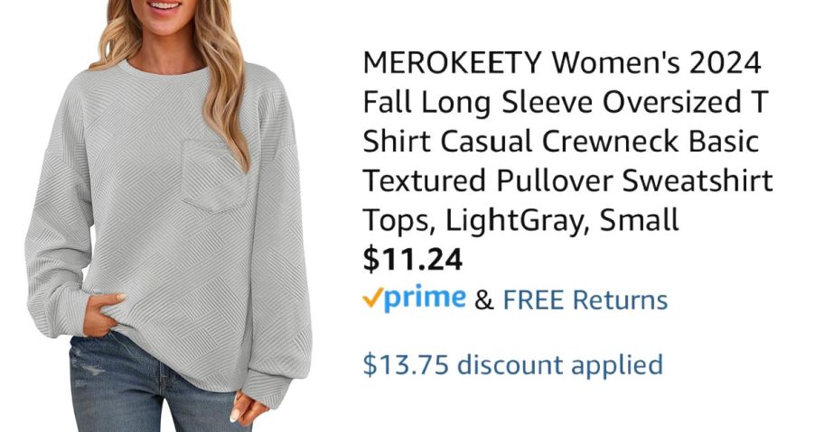 woman wearing gray crewneck next to Amazon pricing information