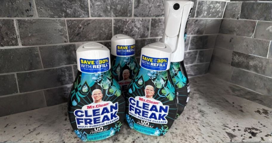 Mr. Clean Clean Freak Starter Kit w/ 3 Refills on counter
